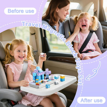QOUBAI 45PCS Mini Magnetic Blocks Travel Toys, Magnet Building Cubes Tiles Set with Portable Iron Case, Learning Activities Gifts for Kids Toddlers Boys & Girls Ages 3-8 (Construction)