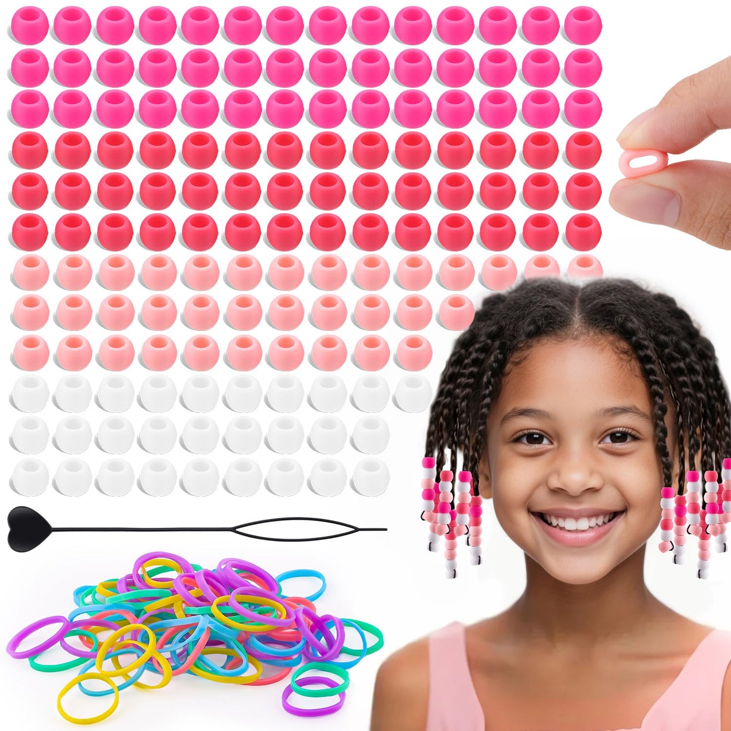 150Pcs 10mm Small Silicone Beads for Hair Braids, Soft Jellyish Pony Hair Beads with 5mm Hole + 50 Rubber Bands and 1 Beader for Braiding, DIY Bracelets Necklaces Crafts (Pink)