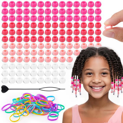 150Pcs 10mm Small Silicone Beads for Hair Braids, Soft Jellyish Pony Hair Beads with 5mm Hole + 50 Rubber Bands and 1 Beader for Braiding, DIY Bracelets Necklaces Crafts (Pink)