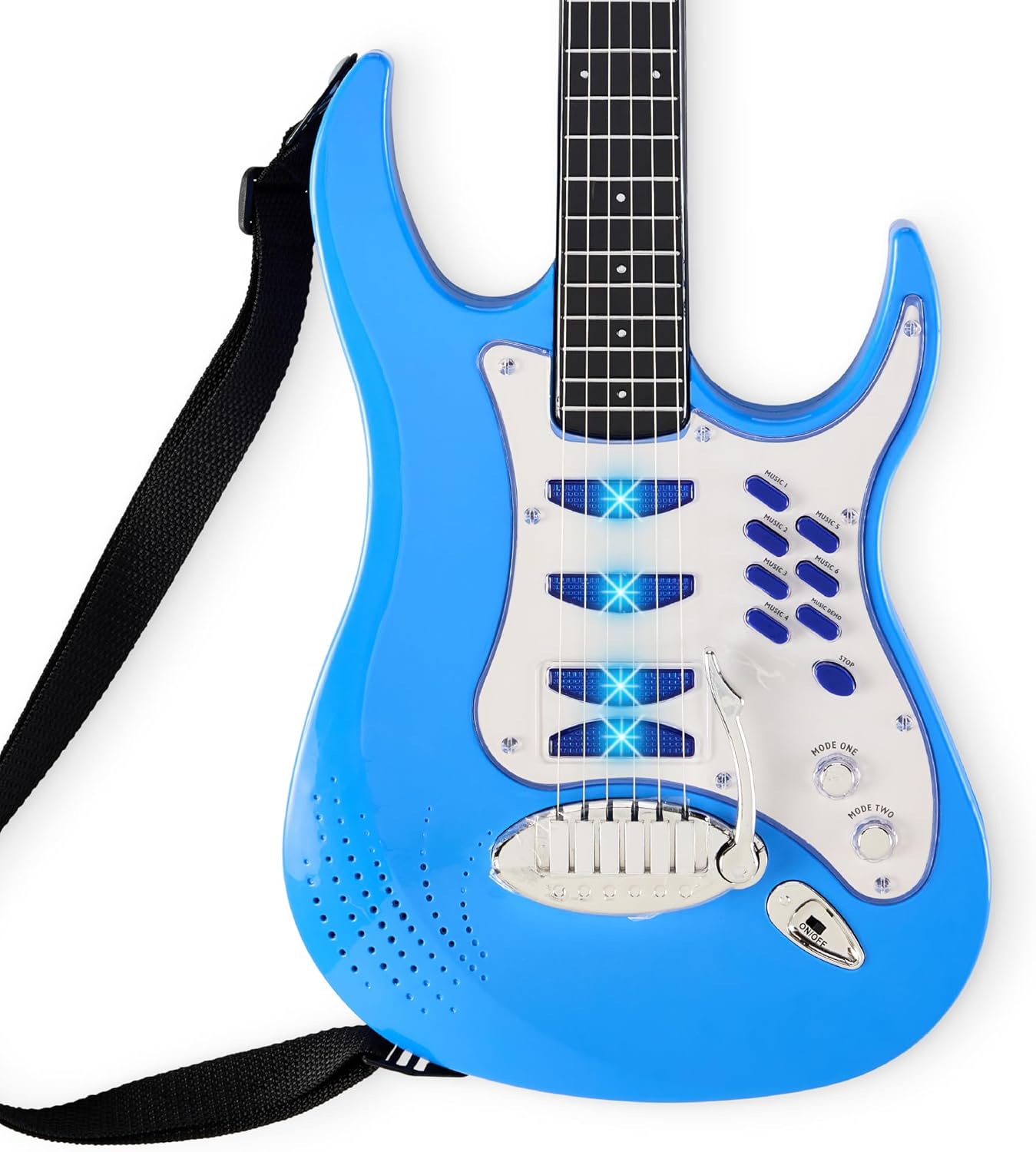Best Choice Products Kids Electric Guitar Set with Microphone & Amp, Interactive Musical Toy for Boys & Girls, Lights & Sounds, Demo Songs, AUX Input, DIY Stickers - Blue