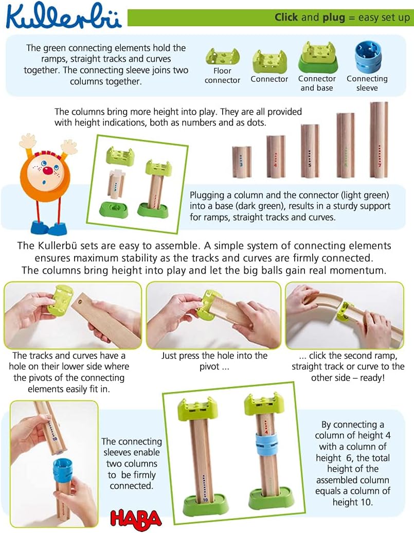 HABA Ball Run Expansion Set, Kullerbu Connectors and Base Building Set for Elevated Marble Runs and Tracks - 8 Piece STEM Toys Accessory Set