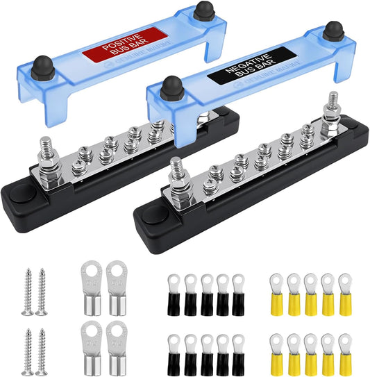 LENKRAD Ground Bus Bar 12V Marine 150A Battery Terminal Block Waterproof Power Distribution Block with 2 x M6 Post,10 x M4 Terminal Screws Negative Buss Bar for RV - 2Pcs