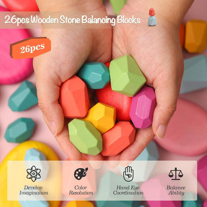 OESSUF Stacking Rocks 48Pcs Stacking Blocks Balancing Stacking Stones Wooden Building Toys Wood Stone Stacking Game for Toddler Sorting Preschool Educational Montessori Stacking Rocks for Kids