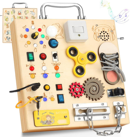 Wooden Busy Board with LED Light，Montessori Baby Learning Toys for Toddlers , Sensory Activity Board , Travel Educational Toy Boy & Girl Birthday Gift (Black Handle)