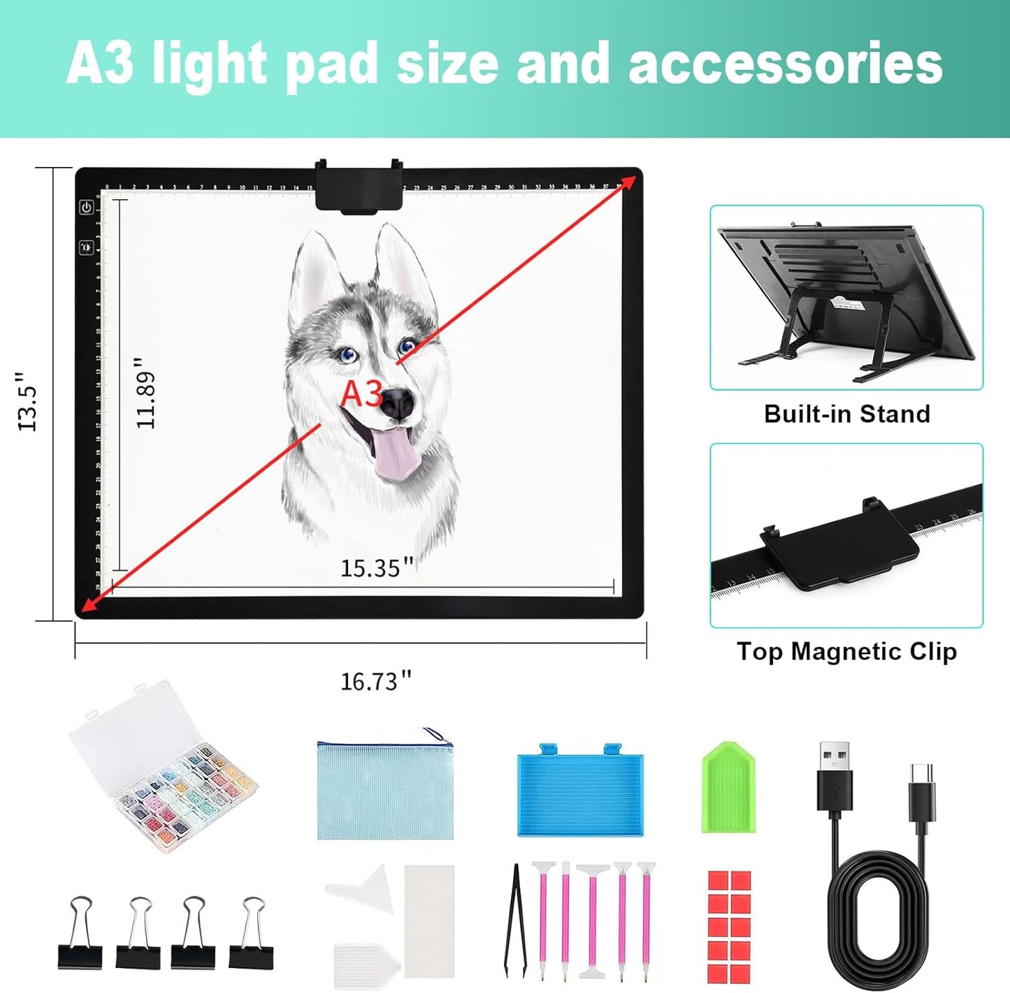 A3 Light Pad for Diamond Painting - Tracing Light Box with Stand, Stepless Dimmable 3 Levels Brightness Light Board, Ultra-Thin LED Light Pad for Weeding Vinyl, Drawing, Diamond Painting, Sketching