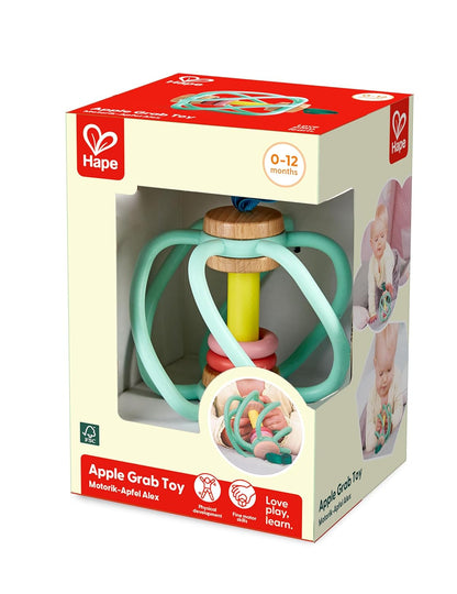 Hape Apple Grab Toy - Silicone & Wood Baby Rattle & Teether – Sensory Development Toy with Gentle Sound, Soft Chewable Rings, Easy Attachment for Crib & Stroller – for Babies 0-18 Months