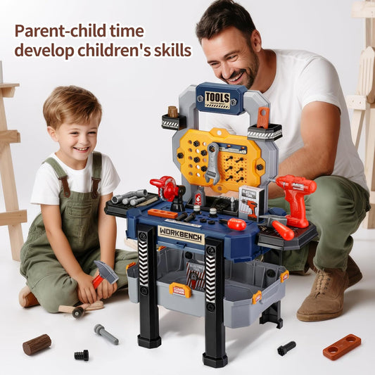 Jovow Kids Tool Bench with Realistic Tools and Electric Drill, Suitable for 3-5 Year Olds to Build Their Own Toy Workbench, 79 Pcs Realistic Toy Tools with Clothes, 32 x 26.6 x 14.4 in-Blue