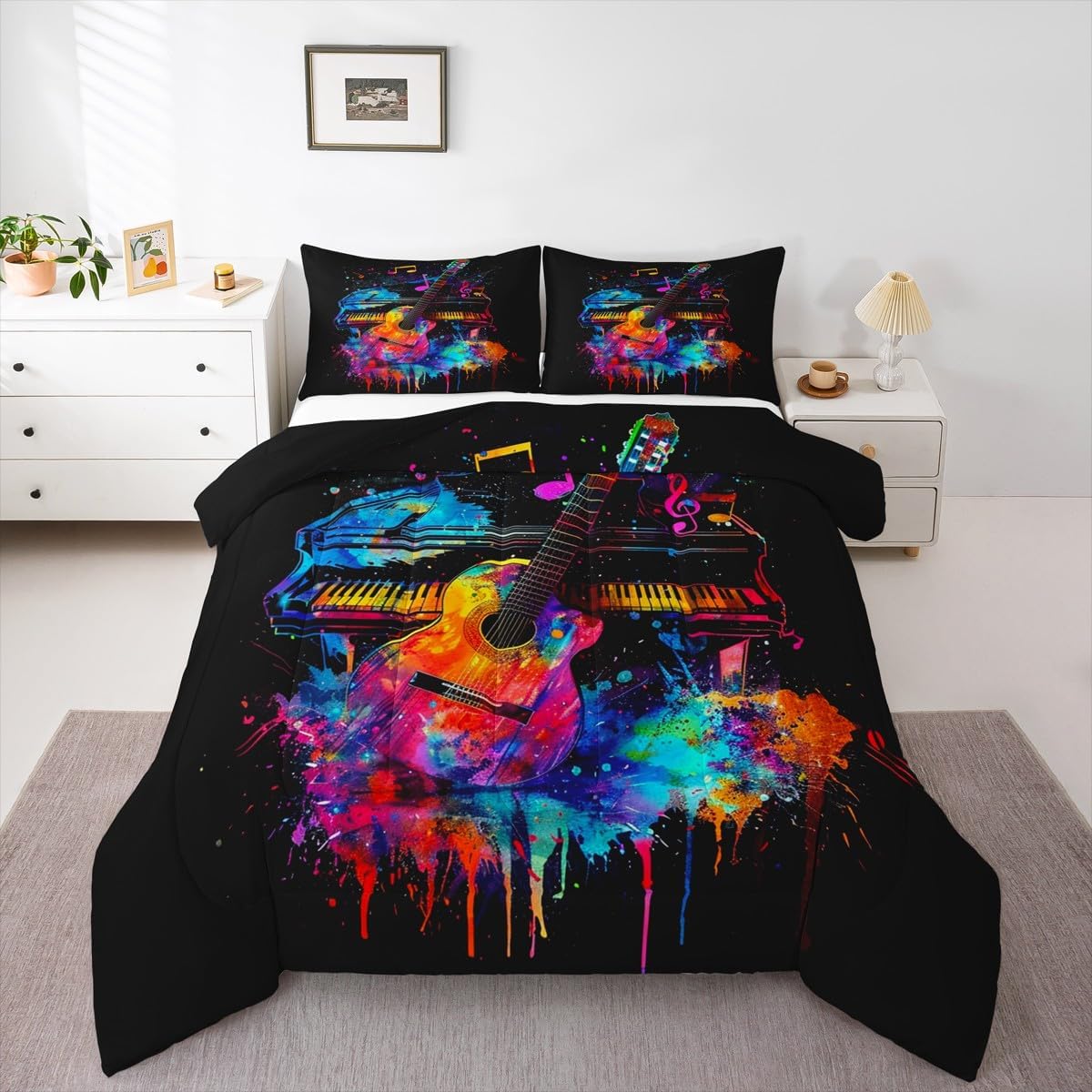 Erosebridal Drum Kit 3D Print Kids Comforter Sets Rock Music Themed Full Bedding Set for Boys Girls Musical Pattern Comforter Set,Colorful Retro Style Quilt Duvet 3 Pcs