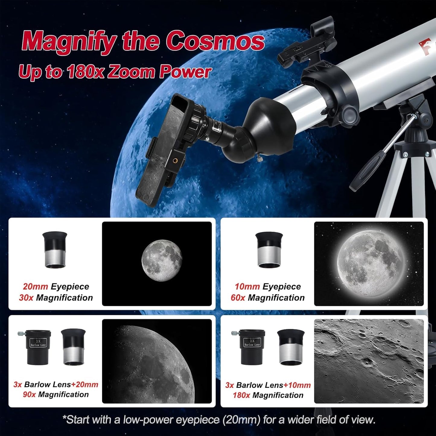Telescope for Kids & Adults – 80mm Refractor Telescope with 600mm Focal Length, Tripod, Barlow Lens & Phone Adapter High Powered Astronomical Telescopes for Beginners, Telescopio para Adults