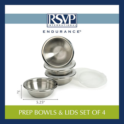 RSVP International Kitchen Prep Bowl Collection, Stainless Steel, Dishwasher Safe, Cup & Lid, 4 Piece, 3-ounce