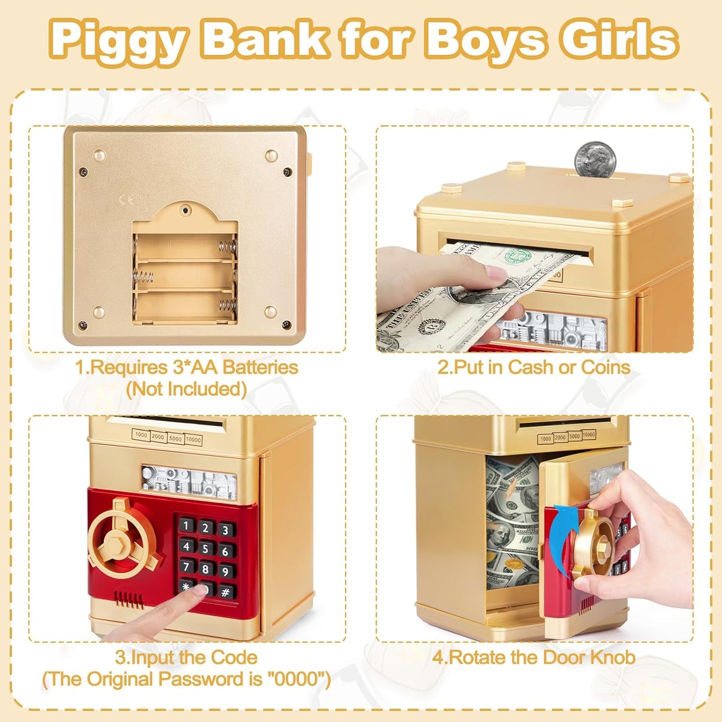 Refasy Piggy Bank Cash Coin Can ATM Bank Electronic Coin Money Bank for Kids Age 3-12, Money Savings Box Mini ATM Coin Bank Toys Gifts for 3 4 5 6 7 8 9 10 11 12 Year Old Boys Girls