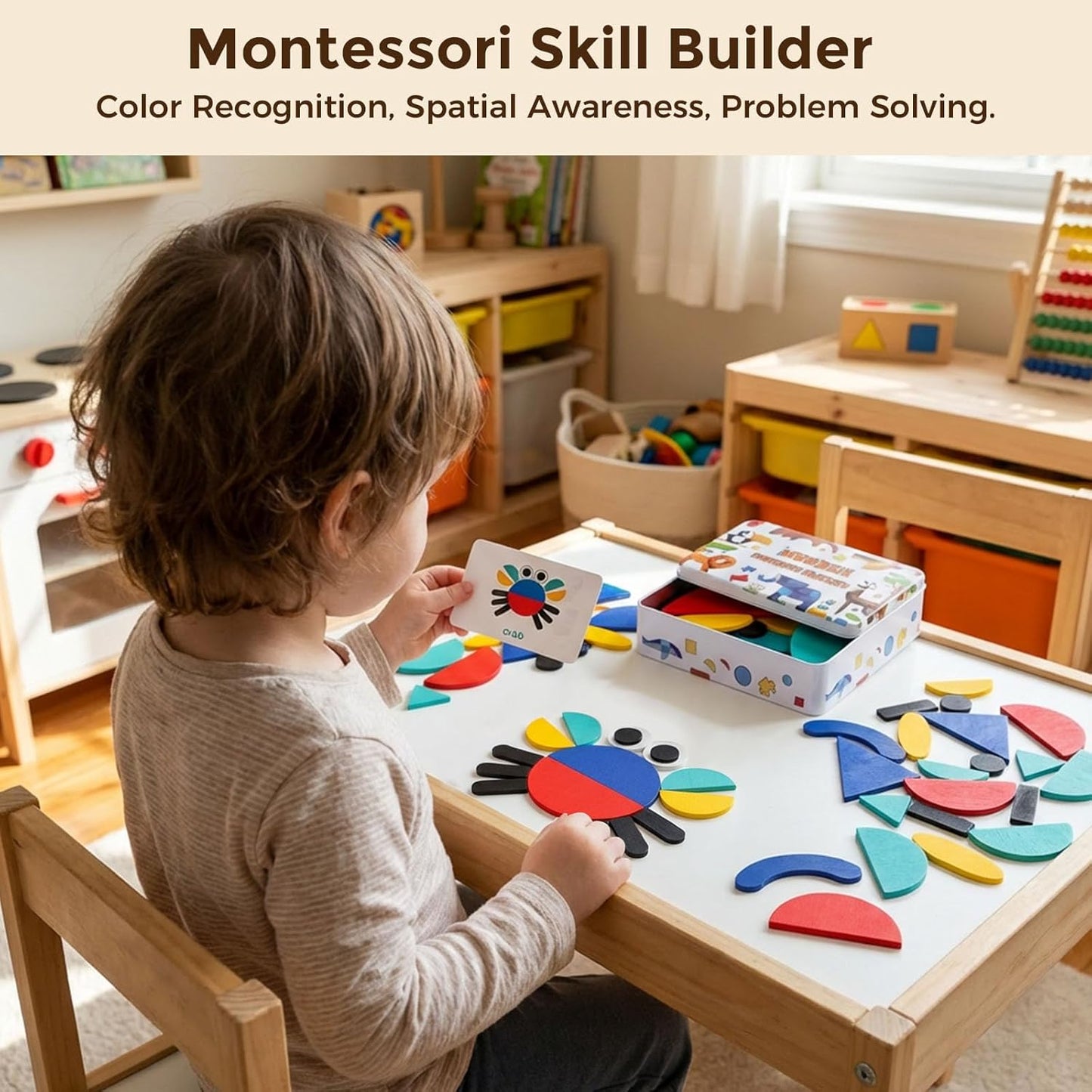 LovesTown Wooden Pattern Blocks Montessori Toys for Toddler Kids Open Ended Shape Puzzles Educational Tangram Preschool Learning Toy with 60 Cards 36 PCS