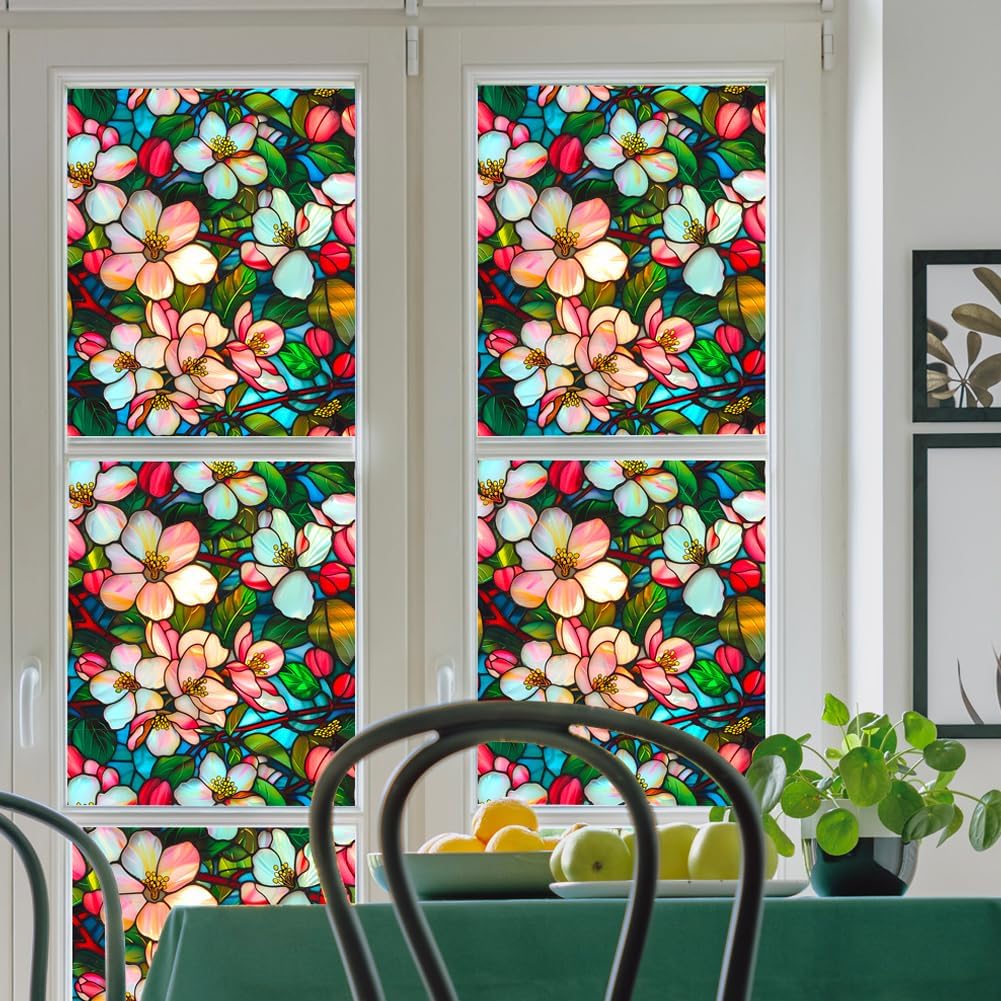 JOONOR Privacy Window Film Stained Glass Window Sticker Non-Adhesive Frosted Glass Film Decorative Magnolia Flower Pattern Static Cling Decals for Home UV Blocking/Heat Insulation 17.7 x 39.4 Inch