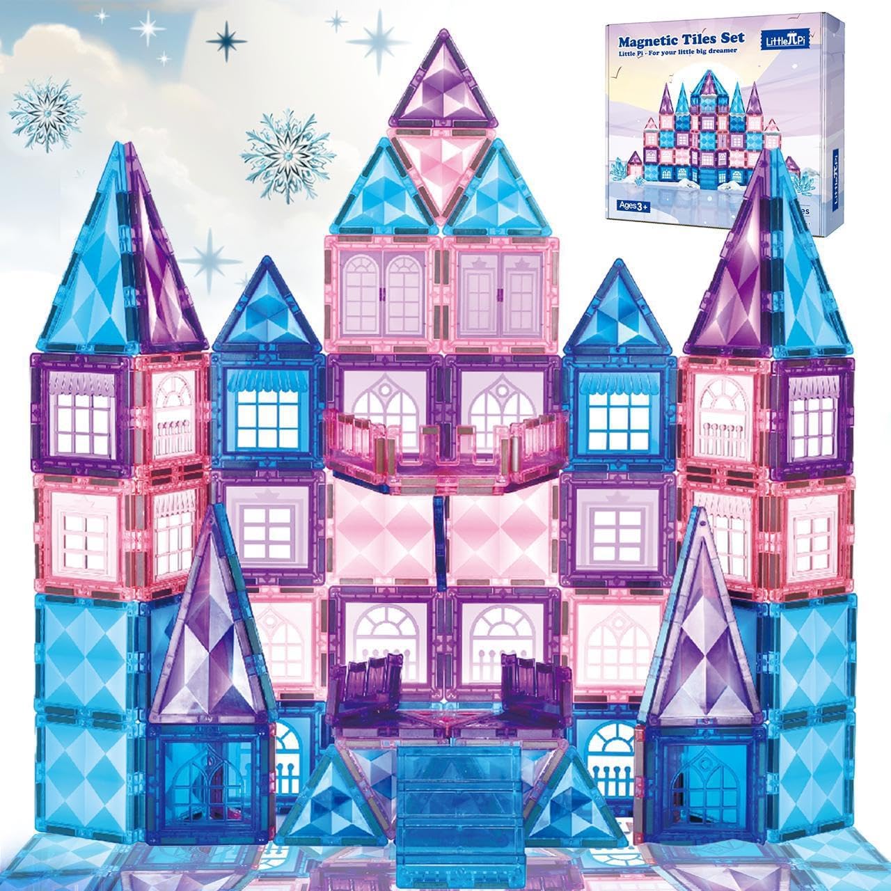 Little Pi 104pcs Frozen Princess Castle Magnetic Tiles Building Blocks - 3D Diamond Blocks, STEM Educational Toddler Toys for Pretend Play, 4 Year Old Girl Birthday Gifts Kids Ages 3 5 6 7 8 - Pink