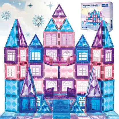 Little Pi 104pcs Frozen Princess Castle Magnetic Tiles Building Blocks - 3D Diamond Blocks, STEM Educational Toddler Toys for Pretend Play, 4 Year Old Girl Birthday Gifts Kids Ages 3 5 6 7 8 - Pink