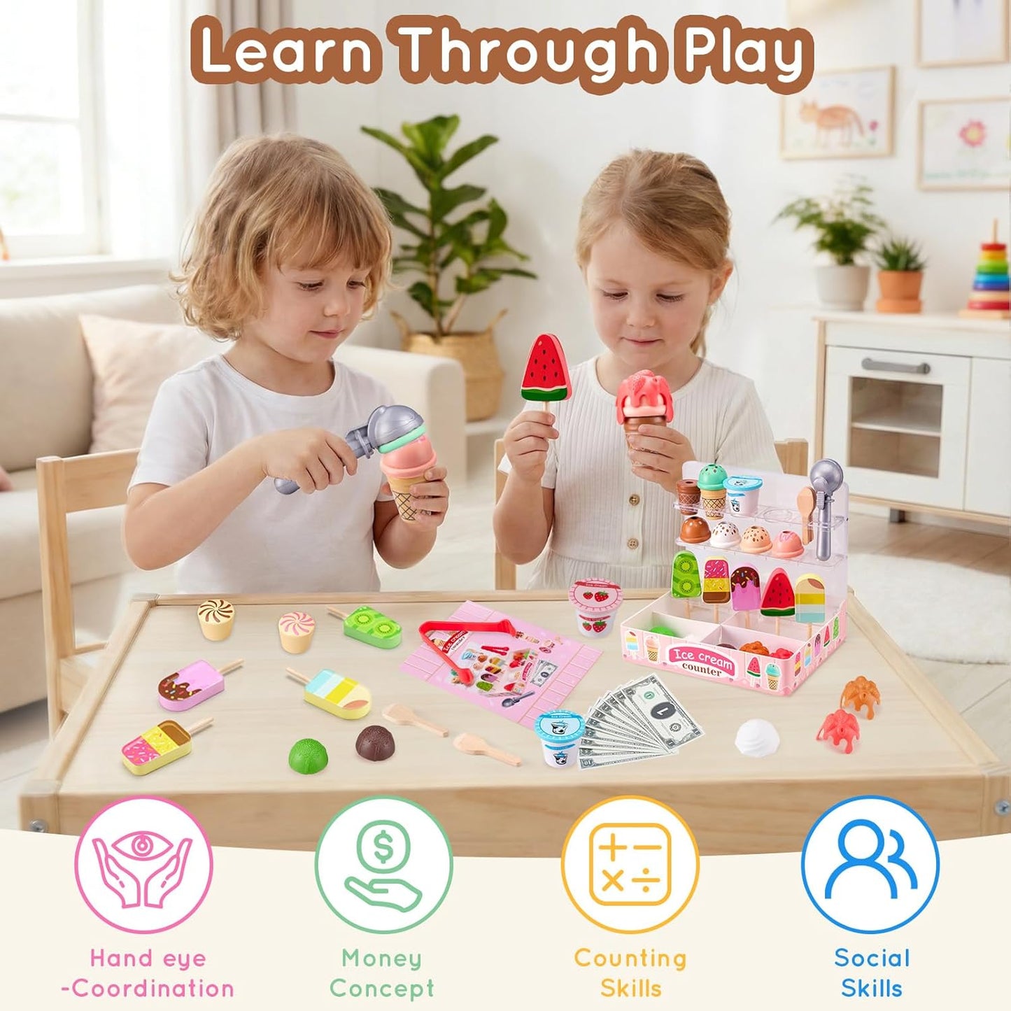 Ehome Wooden Ice Cream Toys Set Pretend Play Food Store for Kids Serve Ice Cream Counter Shop Kitchen Playset with Lucky Wheel, Scoop, Menu, Fake Money for Boys and Girls Ages 3 4 5 6 Birthday Gift
