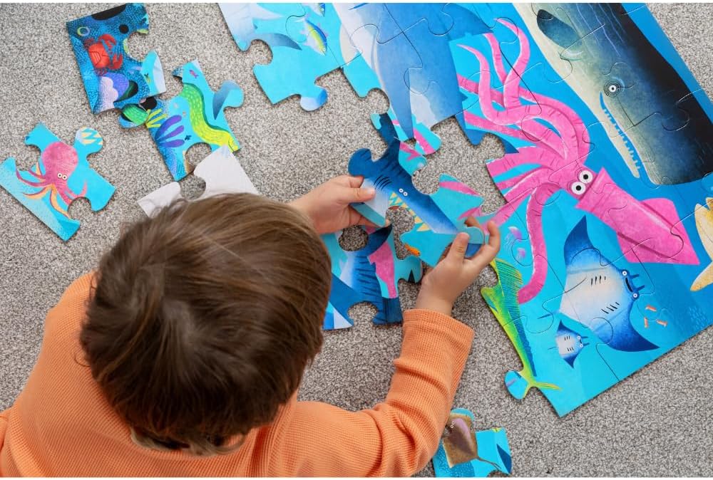 Crocodile Creek 36-Piece Jigsaw Floor Puzzle - Shark Reef - for Kids Ages 3-5 - Heavy-Duty Shaped Box for Storage - 24" W x 18" H Finished