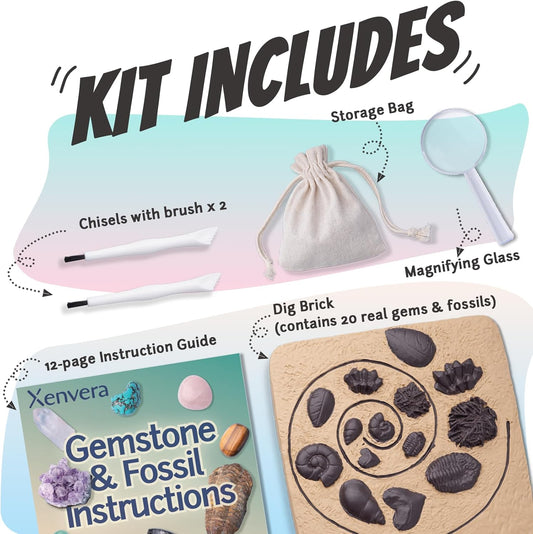 Gemstone and Fossil Dig Kit – Excavate 10 Gems and 10 Fossils, STEM Geology Set, Educational Toy, Science Kit for Kids Ages 8+