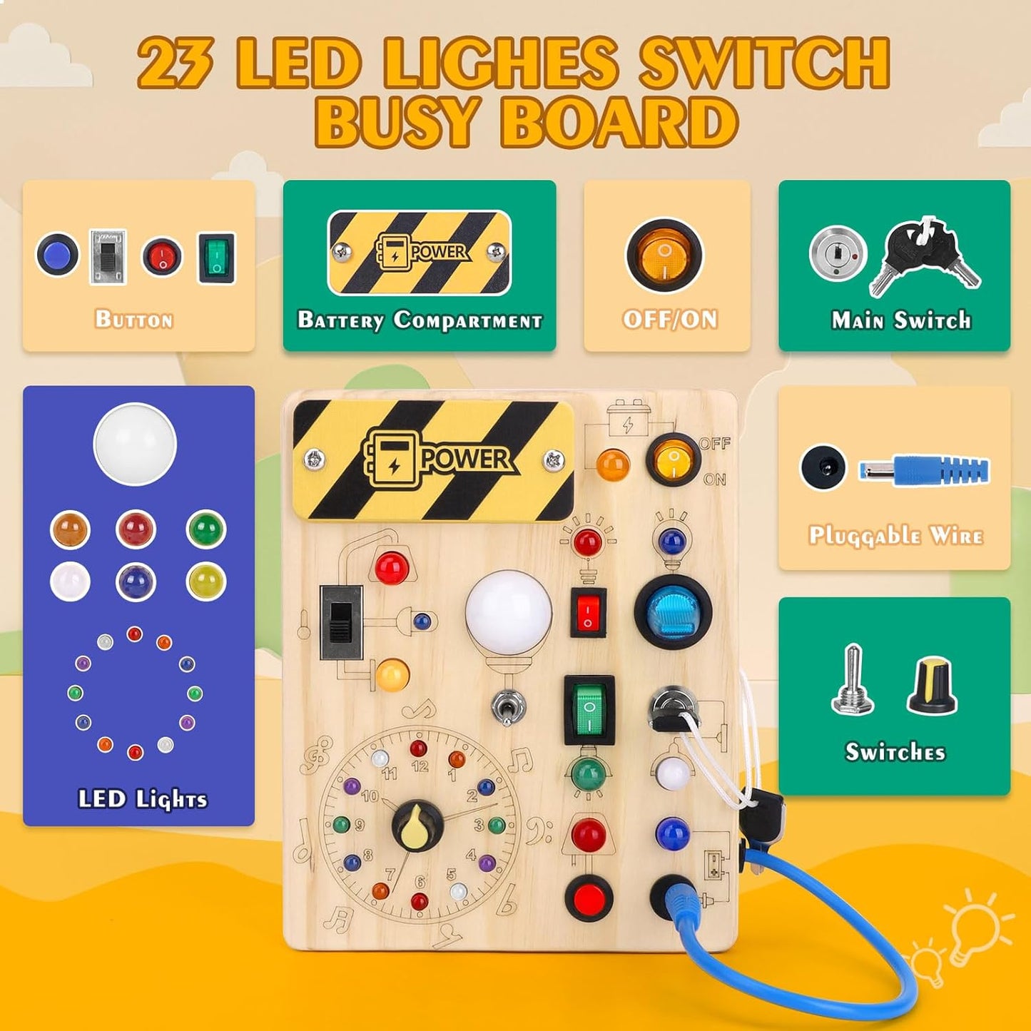 Hoarosall Montessori Wooden Busy Board with 8 LED Light switches, Sensory Toys Light Switch Travel Toys for 1+ Year Old Baby and Toddler