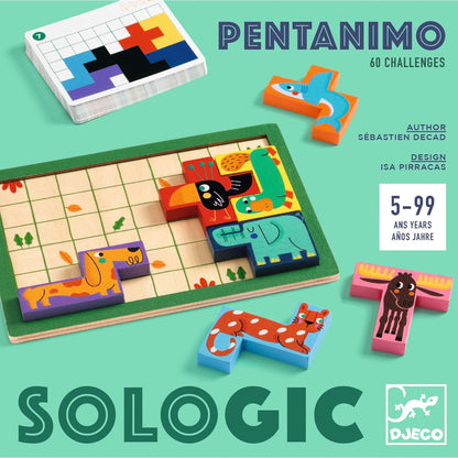 DJECO SoLogic Pentanimo - Wooden Logic Game for Little Ones - Challenging, Fun & Creative Activity for Family & Friends - Cute Animal Puzzle Toy for Children 5+ Years Girls & Boys