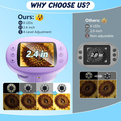 Odatay 4K 1000X Digital Microscope for Kids with Long Distance Viewing & 2.4" Screen, Portable Handheld Edu Toys for Kids Age 3-12 Exploring Bugs Plants at Home Classroom & Outdoor Travel, Yellow