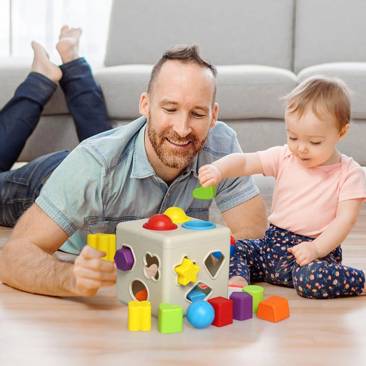 Kiddie Play Shape Sorter Learning Toys for Toddlers 16 pcs Baby Plastic Blocks Shape Sorting Cube