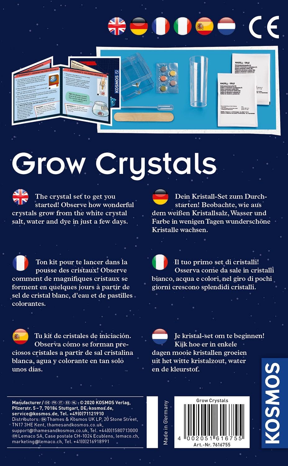KOSMOS 616755 Grow Crystals - Crystal Growing Experience Set for Children with Multilingual Instructions (DE, EN, FR, IT, ES, NL)