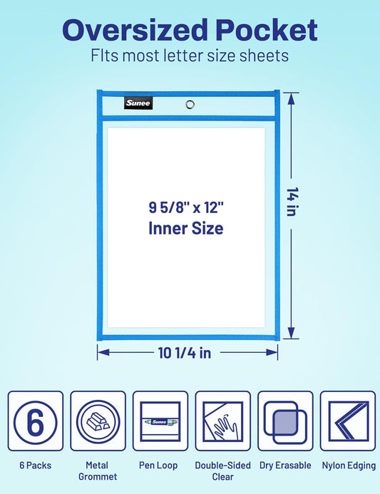 SUNEE 6 Packs Oversized Reusable Dry Erase Pocket Sleeves with Binder Ring, 6 Assorted Colors 10x14 Ticket Holders, Clear Plastic Sheet Protectors, Teacher School Classroom Supplies