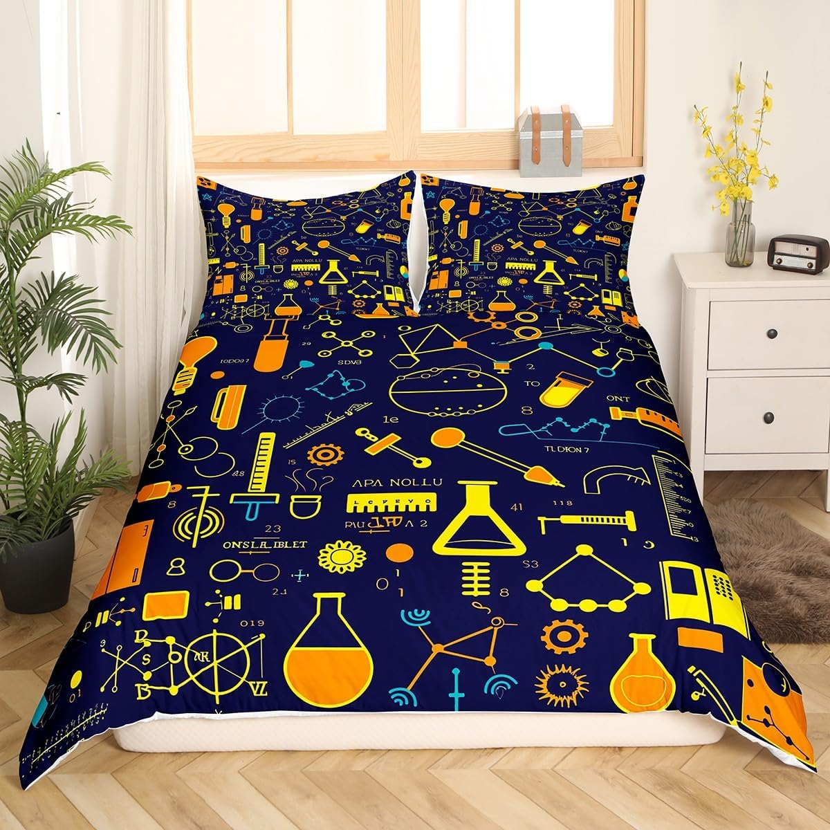 Erosebridal Chemistry Bedding Set Chemical Equation Comforter Cover for Kids Boys,Science Students Duvet Cover Test Tube Microscope Chemical Equipment Bed Set Full,Science Educational Dorm Room Decor