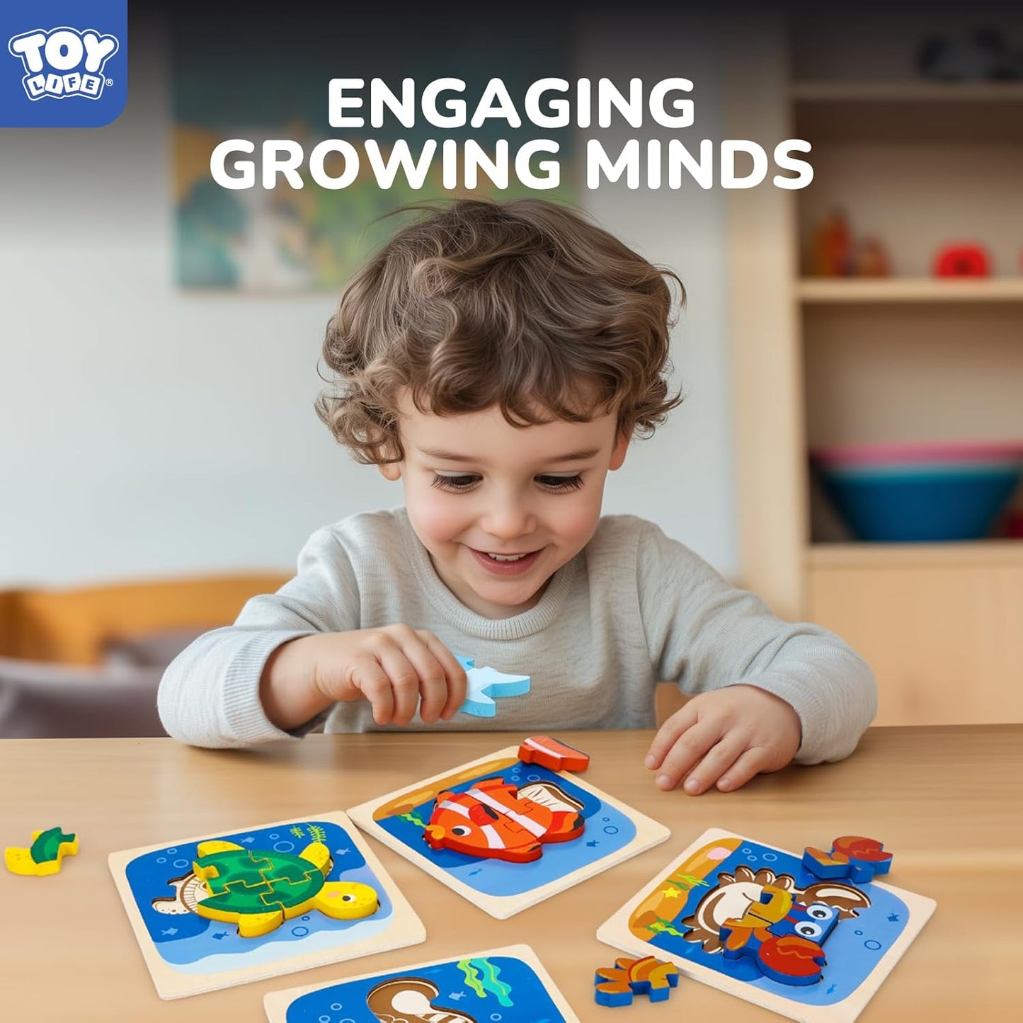 TOY Life Wooden Puzzles for Toddlers 2-4, Sea Animals Puzzles for Toddlers 1-3, Wood Puzzles Educational Montessori Toys Gifts for 1 2 3 Year Old, Baby Kids Learning Toy