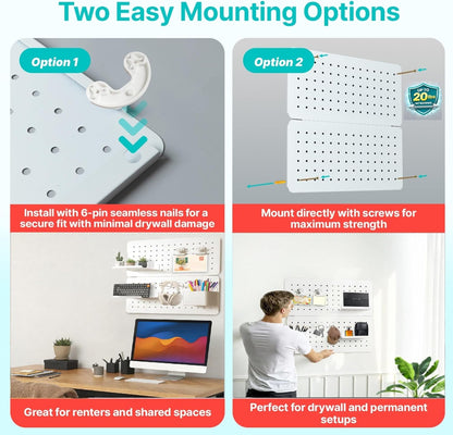 Upgraded Metal Pegboard Wall Organizer Kit – Magnetic, Heavy-Duty Peg Board with Shelves, Hooks & Clips – Wall Mount Storage for Office, Kids, Makeup, Garage & Home, Craft Organizer
