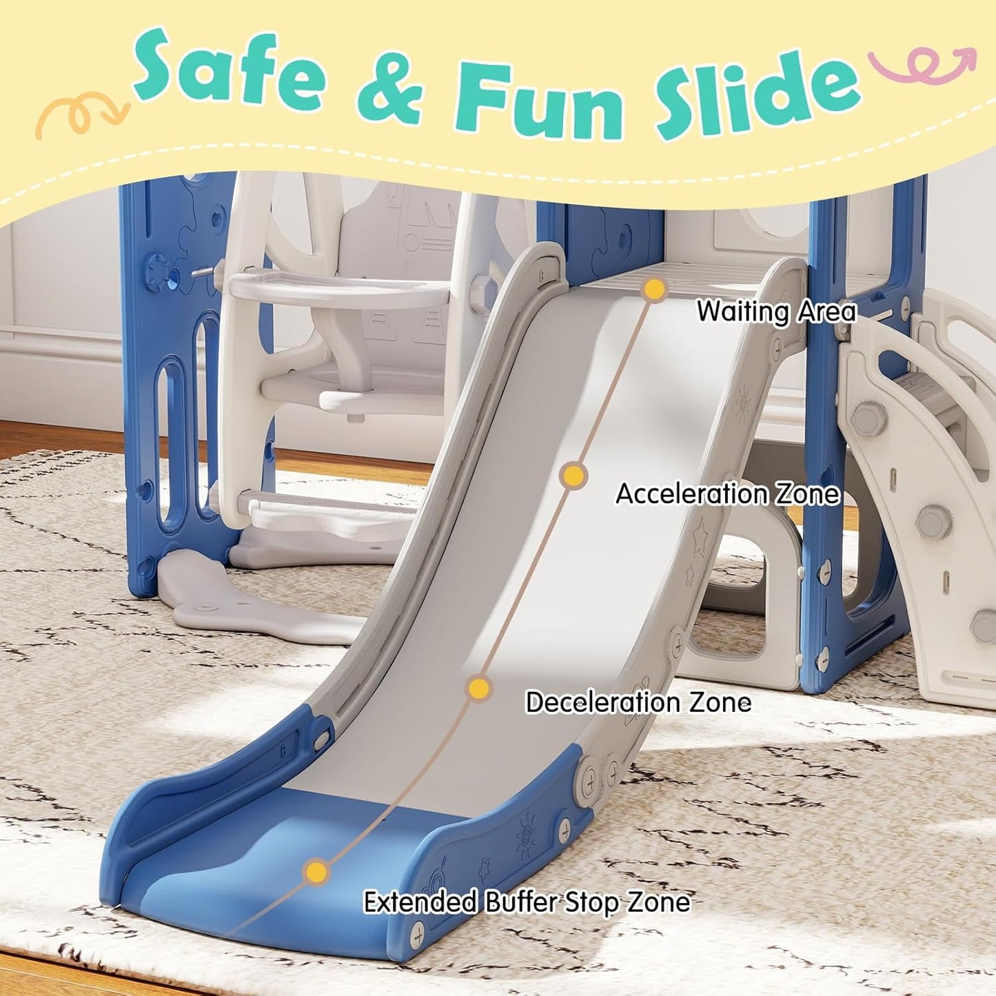 kinbor 6 in 1 Toddler Slide PlaySet - Indoor Outdoor Fun for Kids Ages 1-3, Includes Basketball Hoop, Telescope, Storage & Climber, Safe, Sturdy Baby Slide for Backyard Playground, Blue