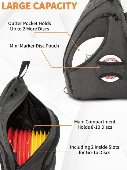 MOYAQI Disc Golf Bag with Retriever Holder and Storage Pockets, Disc Golf Backpack with 8-10 Disc Capacity, Padded Adjustable Strap and Back Panel, Lightweight and Durable