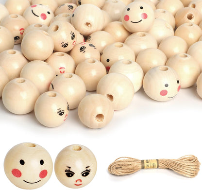 60PCS Wooden Beads with String,Natural Wood Beads Loose Beads with Face,2 Styles Wooden Smiley Beads Set for Chiristmas Tree Wreath DIY Key Chain Angel Craft Jewelry Making(30pcs 20mm 30pcs 18mm)