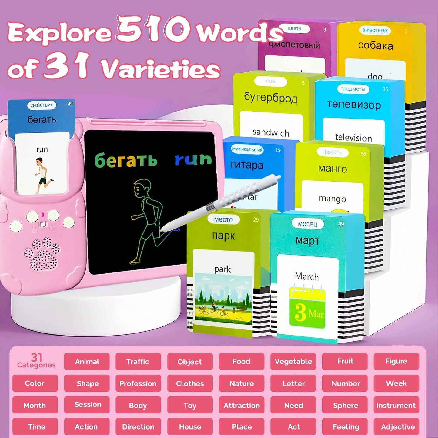 Talking English & Spanish Flash Cards - 8" LCD Writing Tablet for Kids 3-12, Bilingual 510 Sight Words, Toddler Pocket Speech, Drawing Sketch Pad, Autism Toys for Boys (Spanish, Blue)