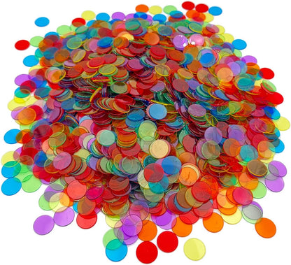 JUNWRROW 2000 Pieces 3/4 inch Transparent 6 Color Clear Bingo Counting Chips Plastic Markers for Large Group Games, Bingo Game,Game Night & Educational Activities