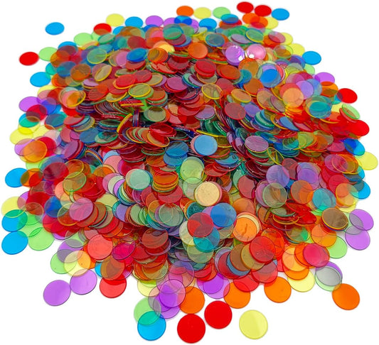 JUNWRROW 2000 Pieces 3/4 inch Transparent 6 Color Clear Bingo Counting Chips Plastic Markers for Large Group Games, Bingo Game,Game Night & Educational Activities