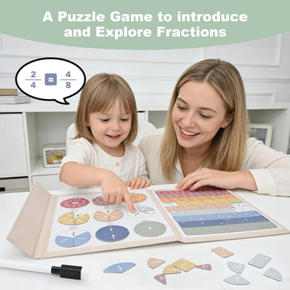 Magnetic Fraction Playbook - 102 Pcs Fraction Manipulatives with Low-Stimulation Colors & Built-in Systemic Exercises, Visual Math Learning Toy K-3, Includes Dry Erase Quiz Card, Marker & Bag