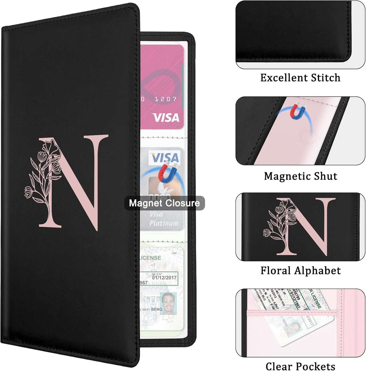 Letter Car Registration and Insurance Holder, with Magnetic Closure for License, Cards and Documents,Vehicle Glove Box Car Organizer, Interior Car Accessories for Women Men (I)