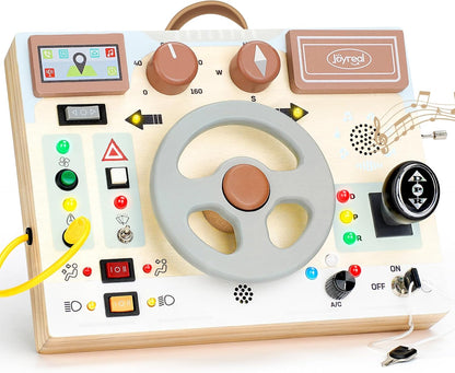 Joyreal Toddler Busy Board with LED Lights, Steering Wheel, Sounds, Montessori Toys for 1+ Year Old, Fidget Board Sensory Travel Toy, Gifts for Boys and Girls