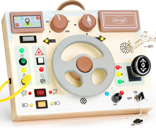 Joyreal Toddler Busy Board with LED Lights, Steering Wheel, Sounds, Montessori Toys for 1+ Year Old, Fidget Board Sensory Travel Toy, Gifts for Boys and Girls