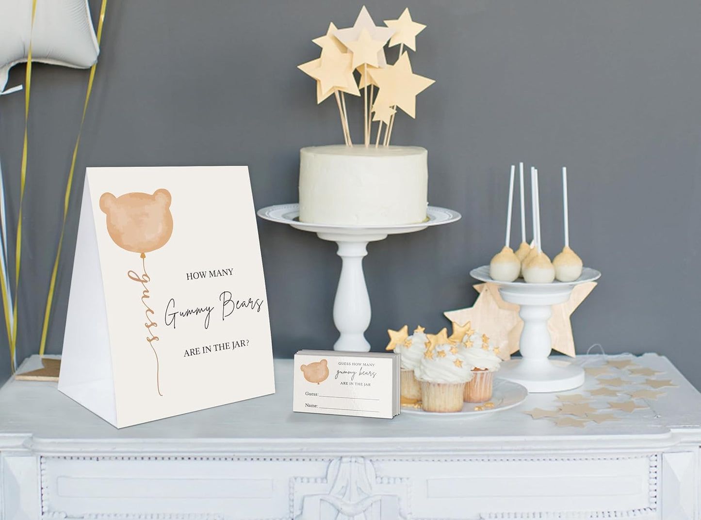 How Many Gummy Bears Baby Shower Game, 1 Sign and 50 Guessing Cards, Baby Shower Candy Guessing Games, Bear Theme Baby Shower Decoration, Birthday Party Supplies-02B-Indipink