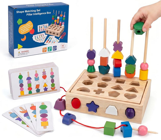 4 in 1 Montessori Wooden Shape Sorter Toy, Color Sorting Stacking Sequencing and Lacing Beads with Pattern Cards, Fine Motor Skills Learning Toy for Toddlers Preschool Boys Girls