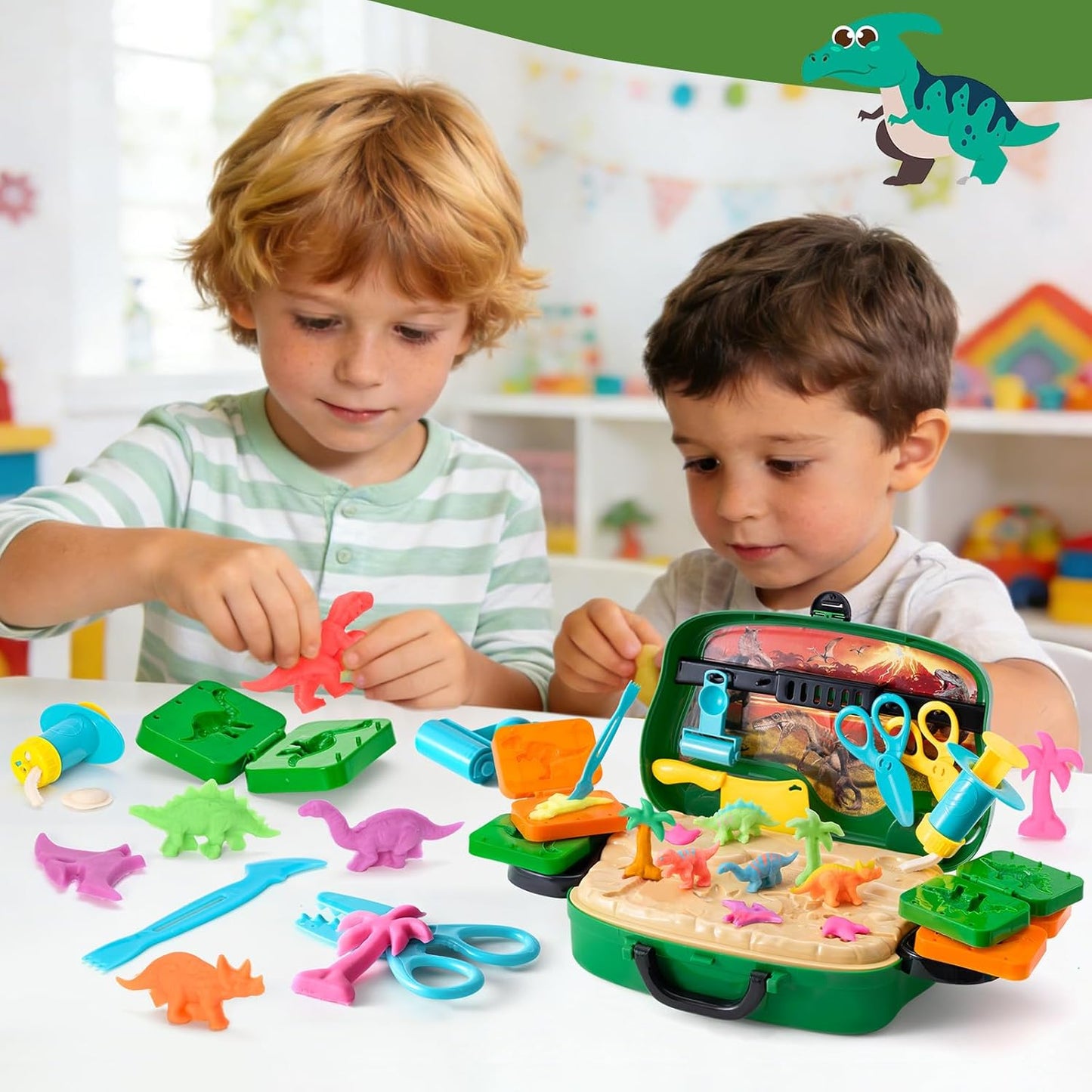 Crelloci Dinosaur Color Dough Set Tools Dino World 26 PCS Playsets Toy Clay Accessaries Dough and Moulds in a Portable Case with Wheels for Kids Toddlers Children