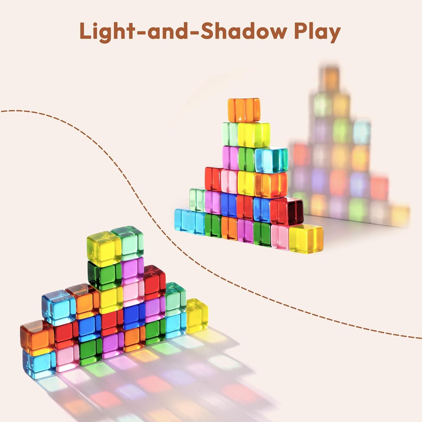 Woodtoe Wooden Building Blocks Set for Kids, 36 PCS Rainbow Acrylic Gem Blocks - 3 Wood House, Montessori Stacking Toy for Toddlers, Educational STEM Birthday Creative Toy Gift for Boys Girls 3-6