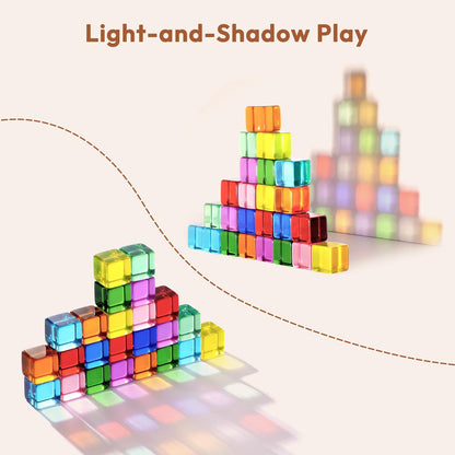 Woodtoe Wooden Building Blocks Set for Kids, 36 PCS Rainbow Acrylic Gem Blocks - 3 Wood House, Montessori Stacking Toy for Toddlers, Educational STEM Birthday Creative Toy Gift for Boys Girls 3-6
