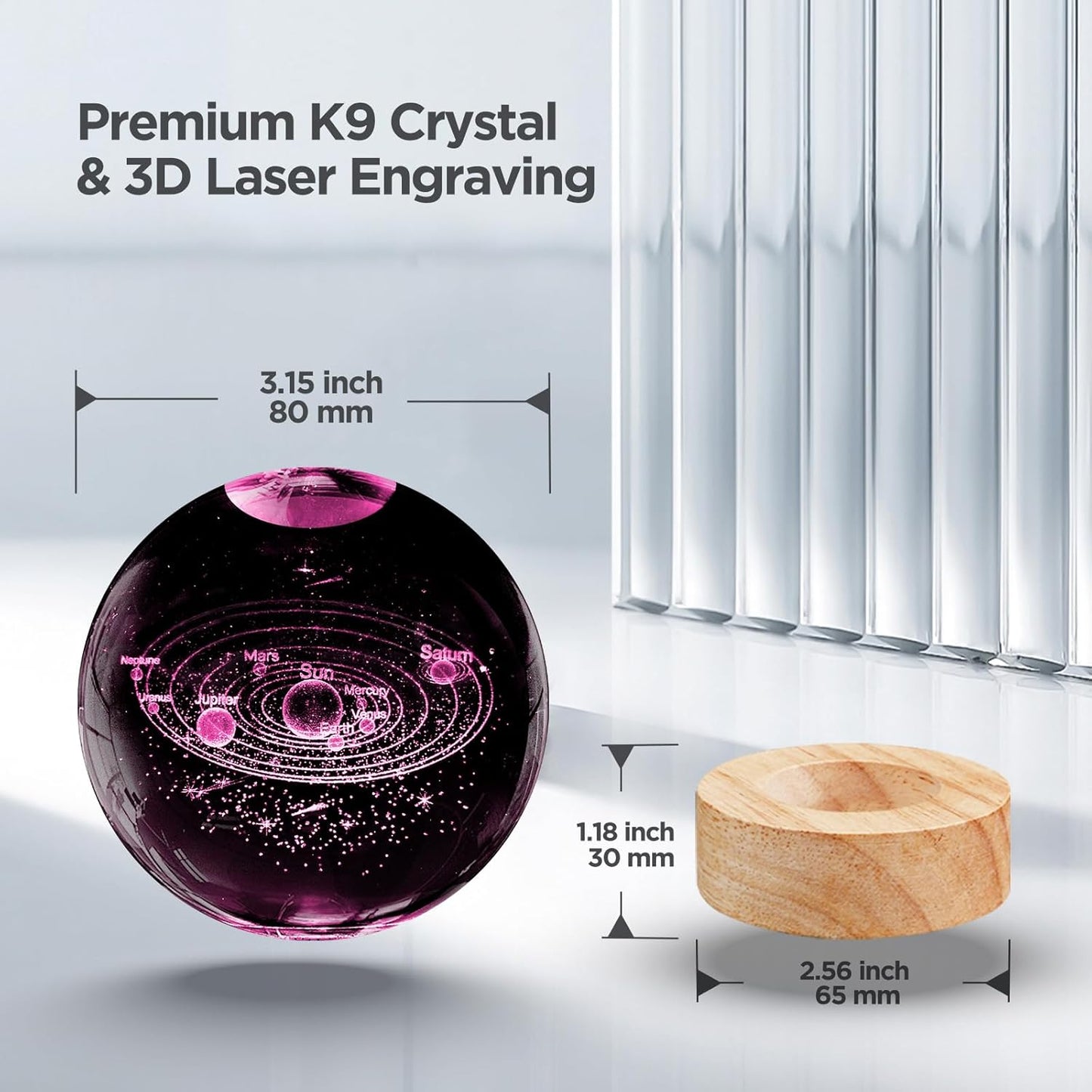 3D Solar System Crystal Ball Night Light with 16 Color Wooden LED Base Upgraded 3.15 In Galaxy Planets Ball Lamp with Remote for Birthday Christmas, Astronomy Space Gifts for Boys Girls Kids