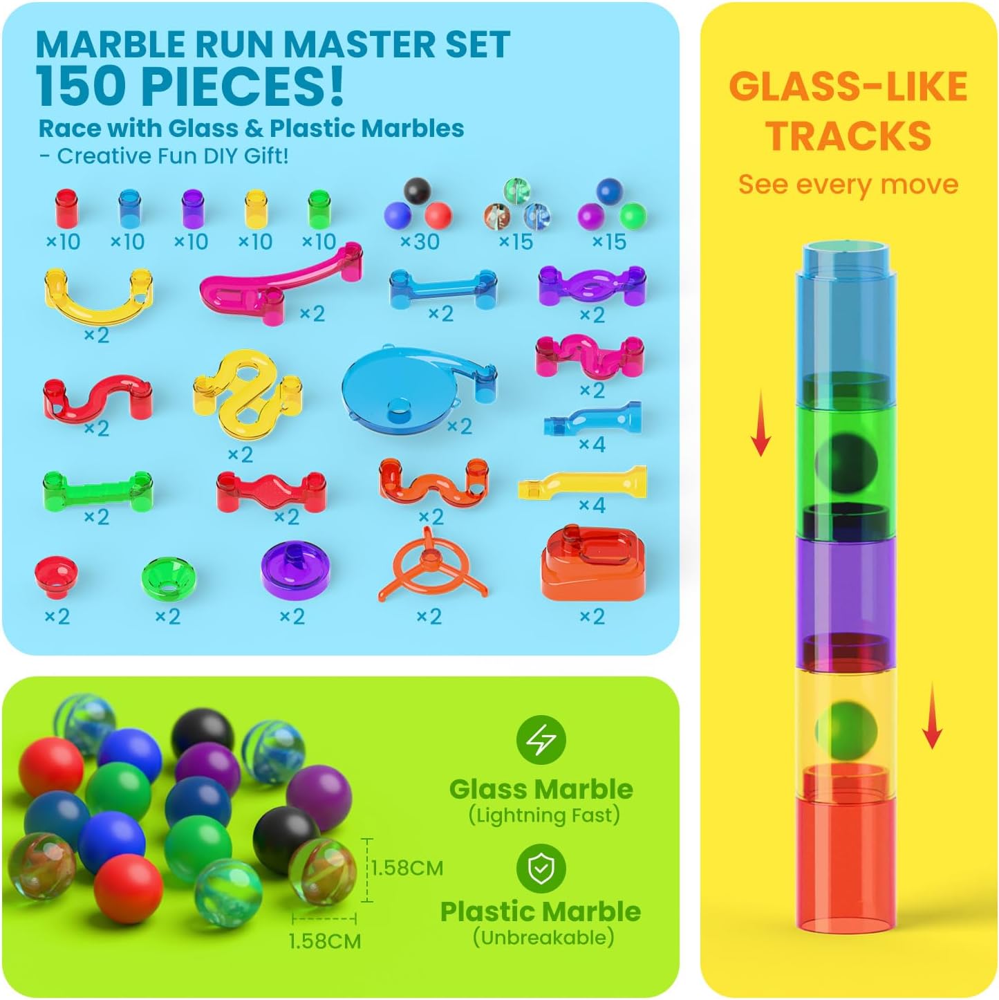 MaxTronic Marble Run Kit for Kids,Upgrade Marble Maze Kit 16mm Marbles 109pcs Building Blocks STEM Learning Toys Christmas Birthday Gift for Kids Aged 3-12