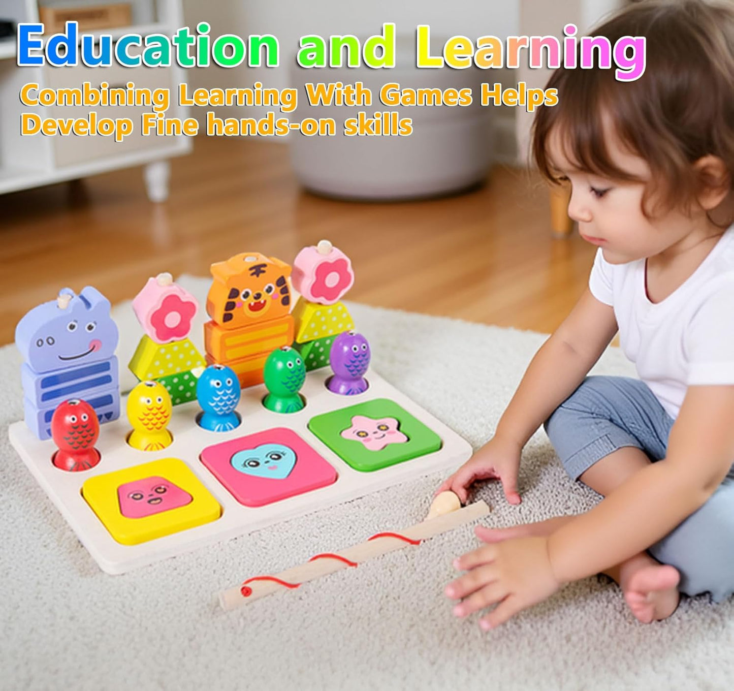 Wooden Montessori Toys for 3 Year Old，Shape Sorter Stacking Games, Fishing Games Preschool Learning Educational Toys for Boys Girls Toddlers (Little Bee)