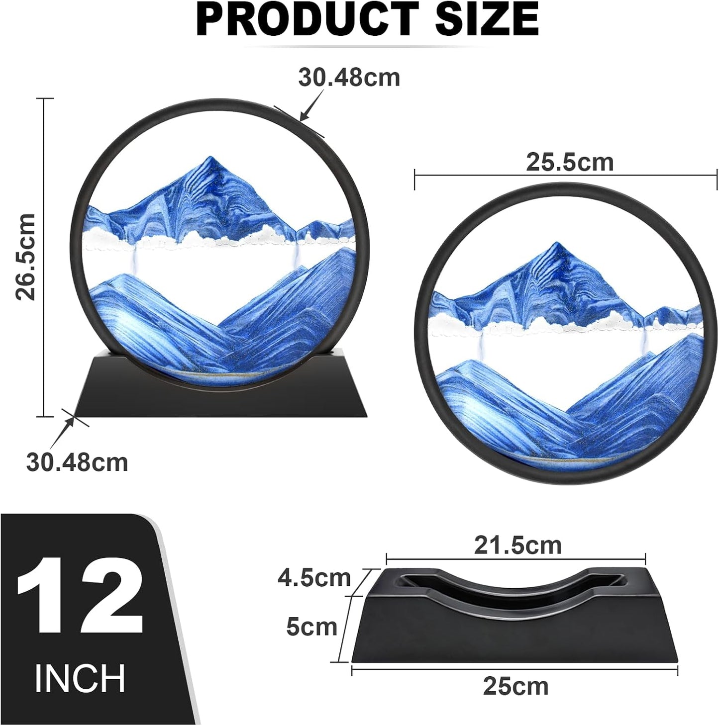Wai Danie Moving Sand Art Picture 3D Hourglass Deep Sea Sandscape Liquid Motion Display Painting Flowing Sand Frame Relaxing Desktop Home Office Work Decor (Black, 12 Inches)